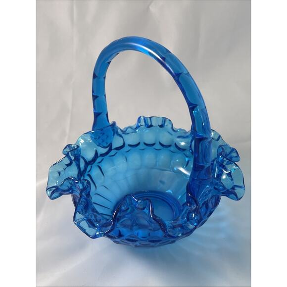 VTG FENTON Colonial Blue Thumbprint DBL Ruffle Basket Candy Dish 8"x7" - Picture 1 of 8